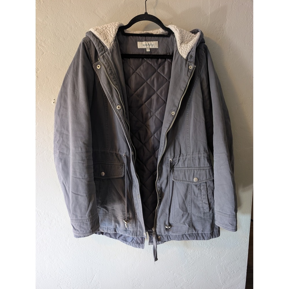 Sebby Women's Large Gray Utility Parka Jacket Sherpa Hood Quilted Lined